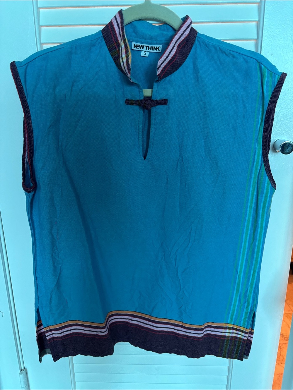 Vintage Men's Sleeveless Mandarin Collar Shirt in Blue